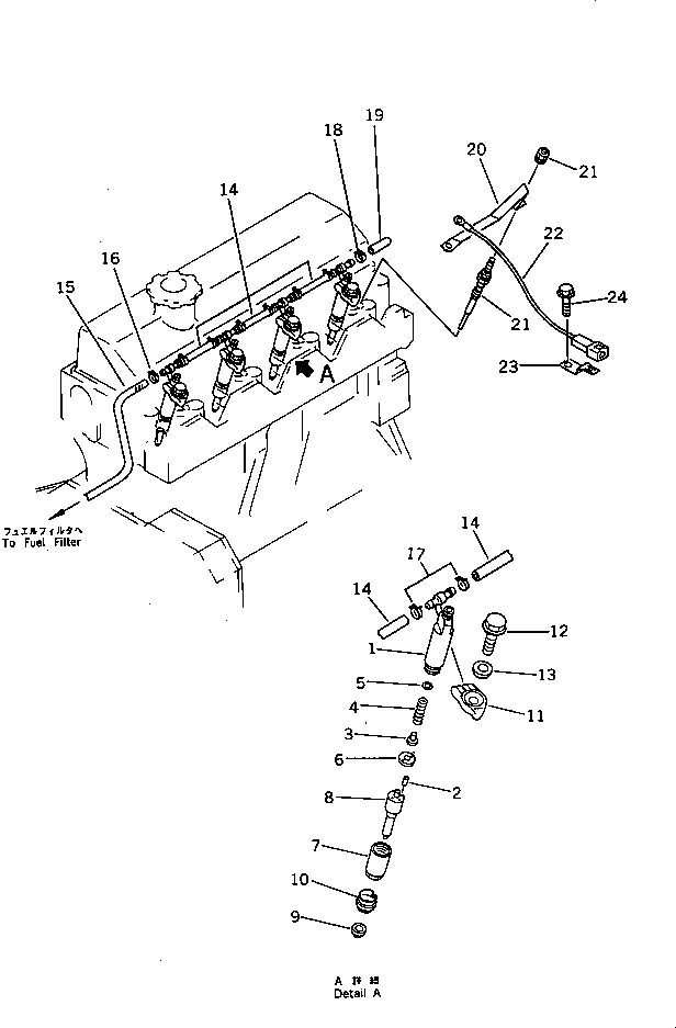 Komatsu parts book diagram for 4D95L-1BB S/N 49965-UP: FUEL NOZZLE AND SPILL PIPE