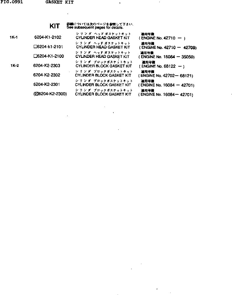Komatsu parts book diagram for 4D95L-1G S/N 16084-UP: GASKET KIT