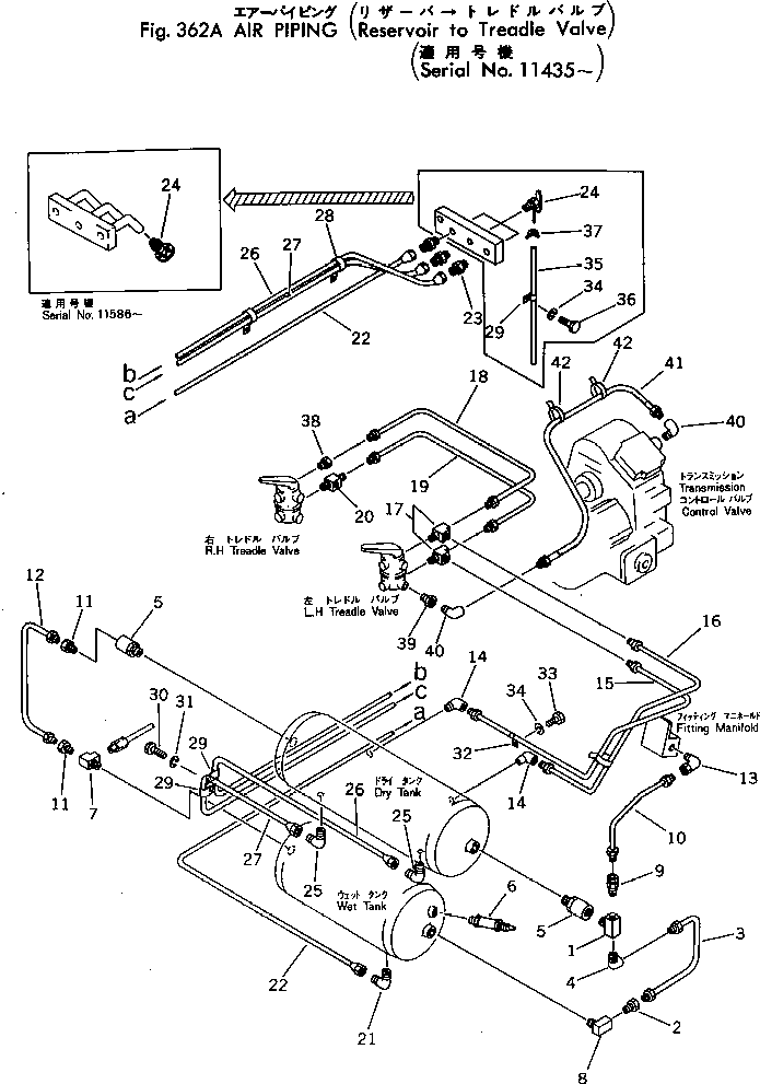Wheel Loaders Komatsu / 530-1 S/N 10001-49999(530-1r) / AIR PIPING (RESERVOIR TO TREADLE VALVE)(#11435-)(090250 : 362A)