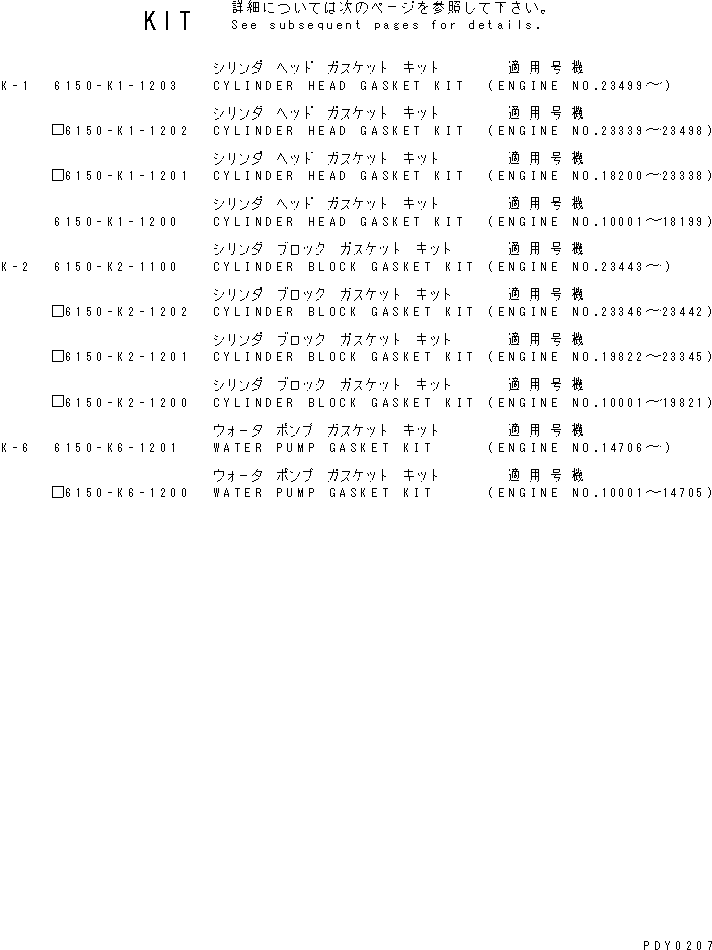 Komatsu parts book diagram for 6D125-1D S/N 10001-UP: GASKET KIT