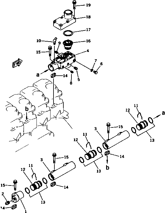 Komatsu parts book diagram for 6D125-1EE S/N 21811-UP: WATER MANIFOLD AND THERMOSTAT