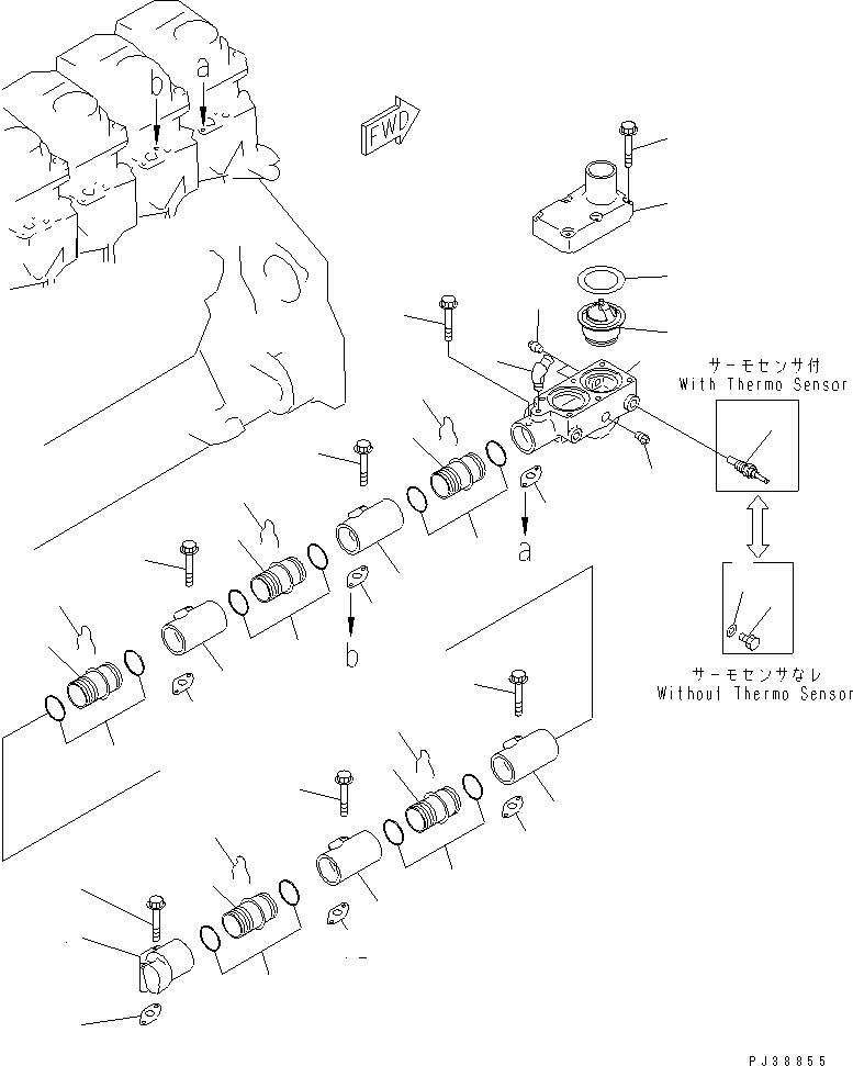 Komatsu parts book diagram for 6D125-1W S/N 10001-UP: WATER MANIFOLD AND THERMOSTAT(#10001-18199)