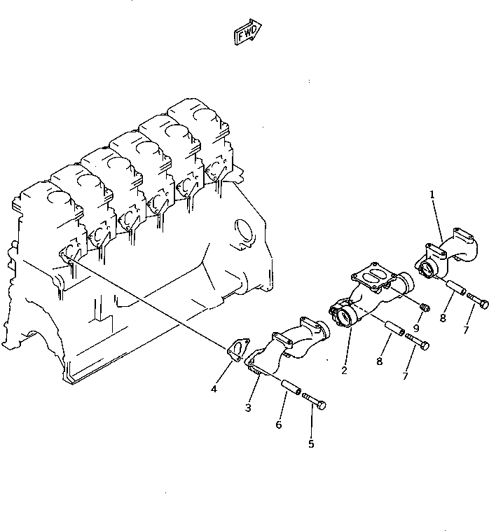 Komatsu parts book diagram for 6D125-1J S/N 10001-UP: EXHAUST MANIFOLD AND MOUNTING