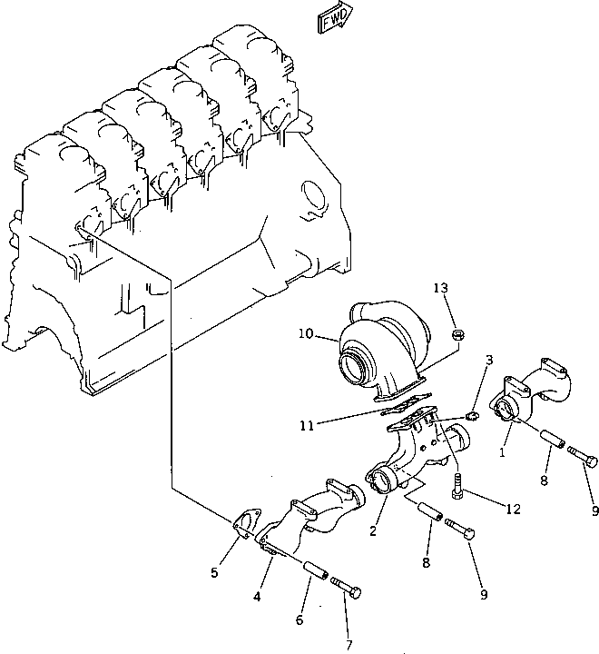 Komatsu parts book diagram for 6D125-1J S/N 10001-UP: EXHAUST MANIFOLD AND TURBOCHARGER (WITH TURBOCHARGER)
