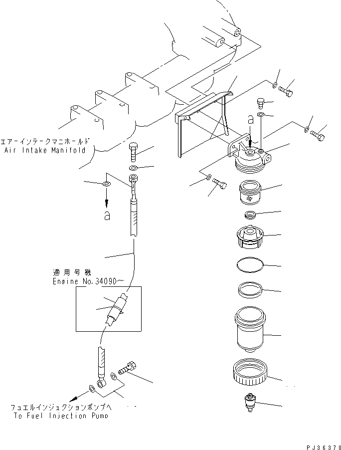 Komatsu parts book diagram for 6D125-1J-EA S/N 10001-UP: WATER SEPARATOR AND MOUNTING (WITH TURBOCHARGER)(#11813-)