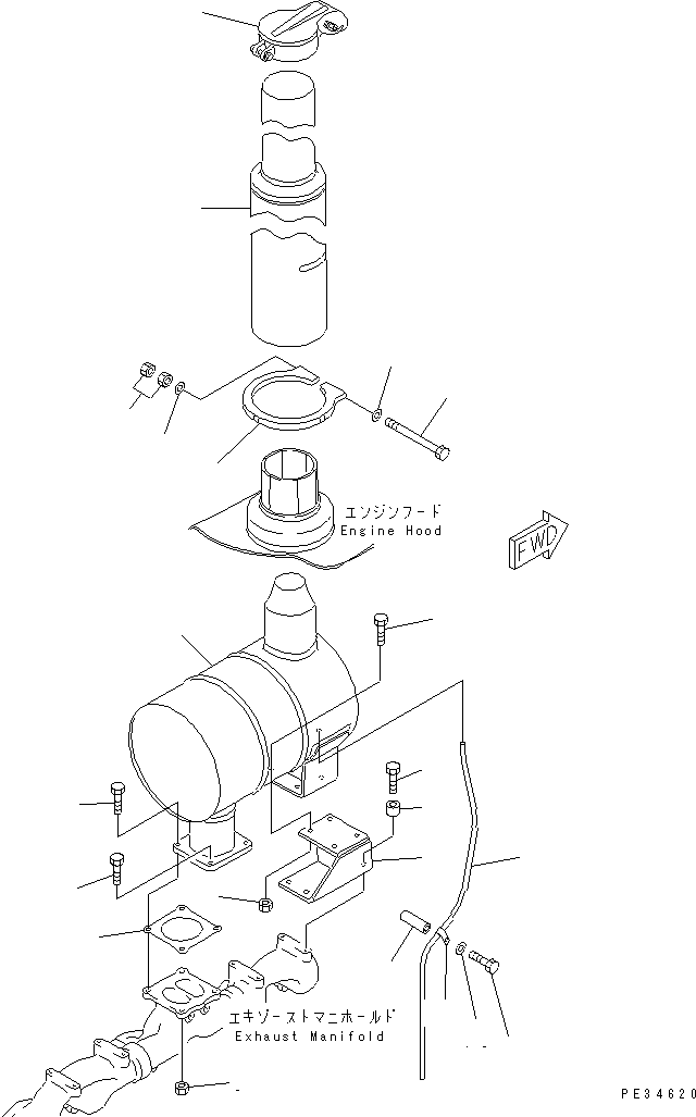 Engines Komatsu / 6D125E-2D-5 S/N 60721-UP(6d125e4c) / MUFFLER (SILVER EXHAUST PIPE ? 1013MM) (WITH RAIN CAP)(#64065-81509)(030200 : A1610-A3J5)