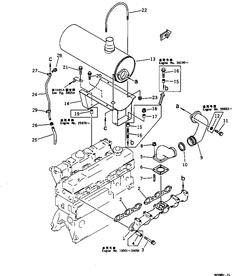Engines Komatsu / 6D95L-1L S/N 10001-UP(6d95l-ec) / EXHAUST MANIFOLD AND MUFFLER(#13855-)(030180 : 0151A)