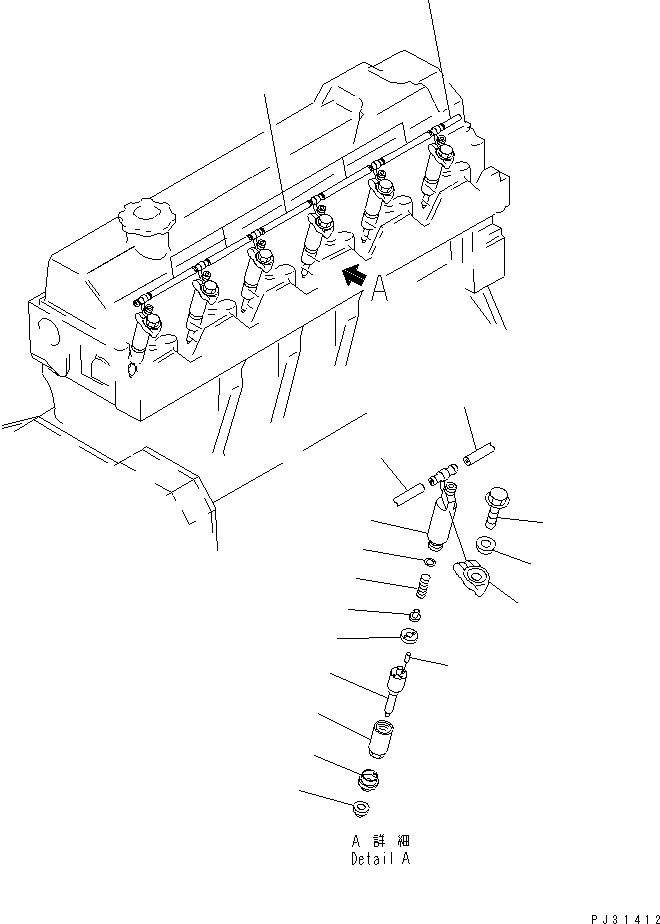 Komatsu parts book diagram for 6D95L-1U S/N 23421-UP: FUEL NOZZLE AND SPILL PIPE