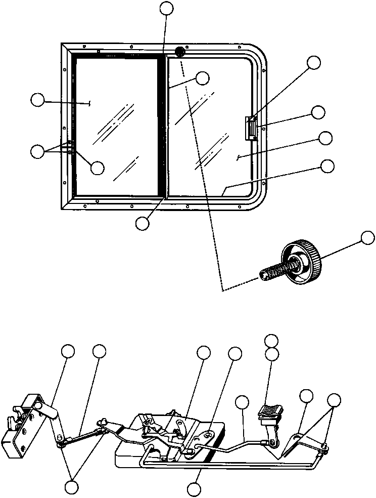 Komatsu parts book diagram for AFE32-BA 830E                 ARCH MINERAL: DOOR LINKAGE & SLIDING WINDOW