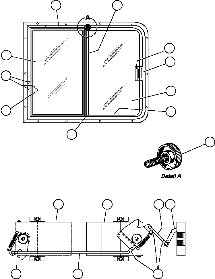 Komatsu parts book diagram for AFE42-GA 630E GLIDER KIT - AK5157 S/N GAE2209 & UP      MAGNUM HOBET: DOOR LINKAGE & SLIDING WINDOW