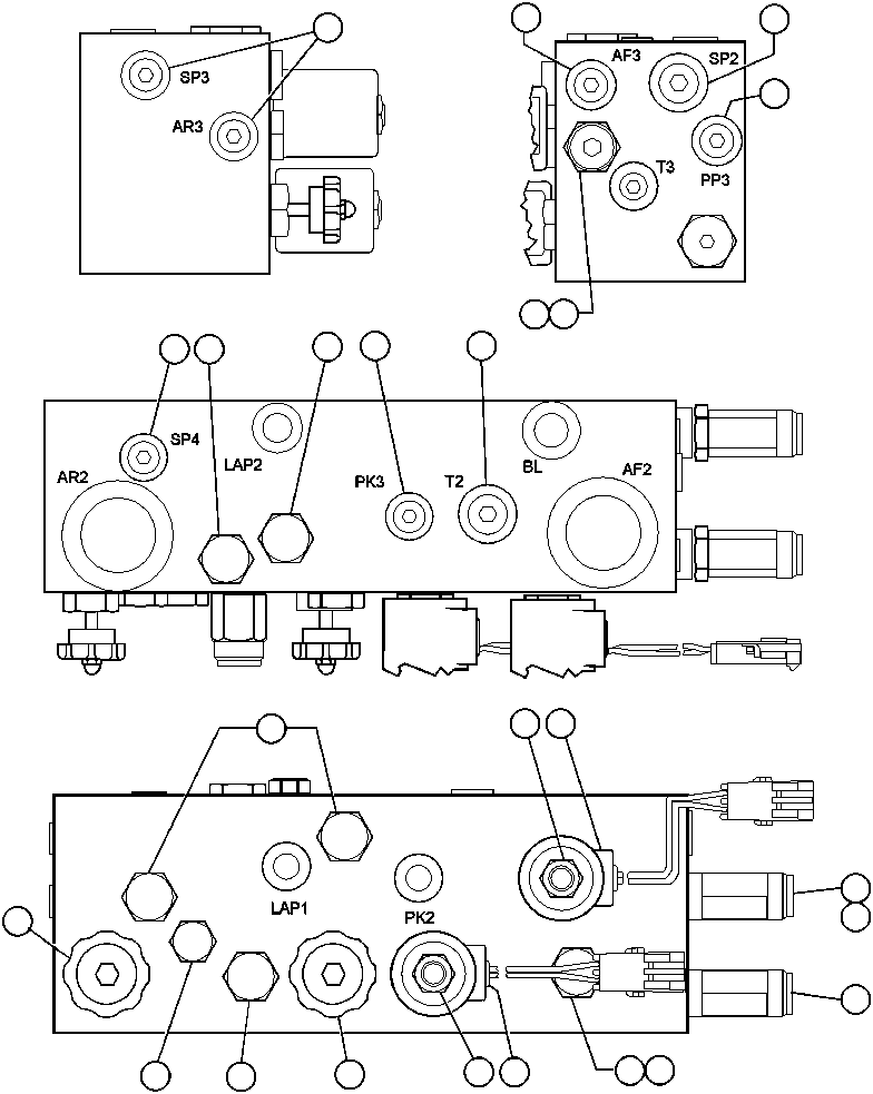Komatsu parts book diagram for AFE47-AD 730E                SISHEN (A30095 & A30098): BRAKE MANIFOLD - TWO CIRCUIT (PC0080)