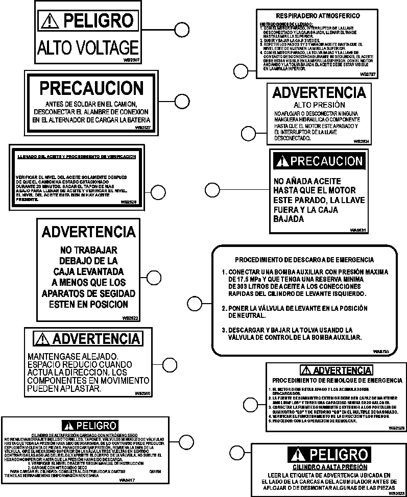 Komatsu parts book diagram for AFE47-DW 730E S/N A30410-A30411 & A30417               LOMAS BAYAS: DECALS & WARNINGS (SPANISH)