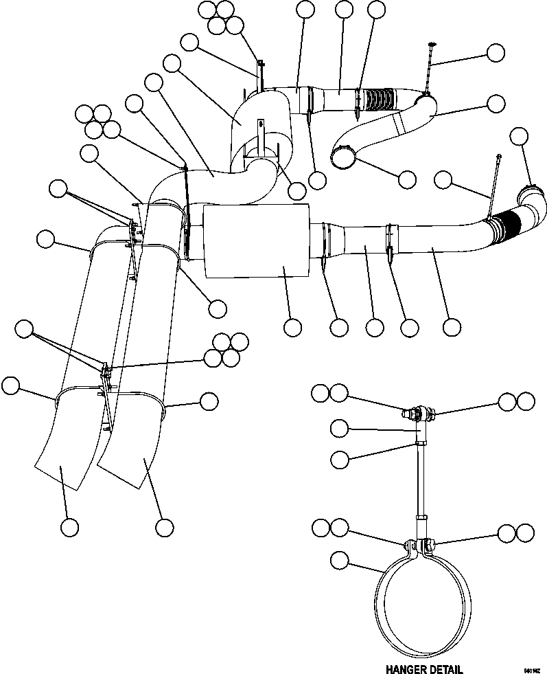 Komatsu parts book diagram for AFE47-GG 730E S/N A30600-A30601 & A30604-A30605    ROSSING (Trolley): EXHAUST PIPING