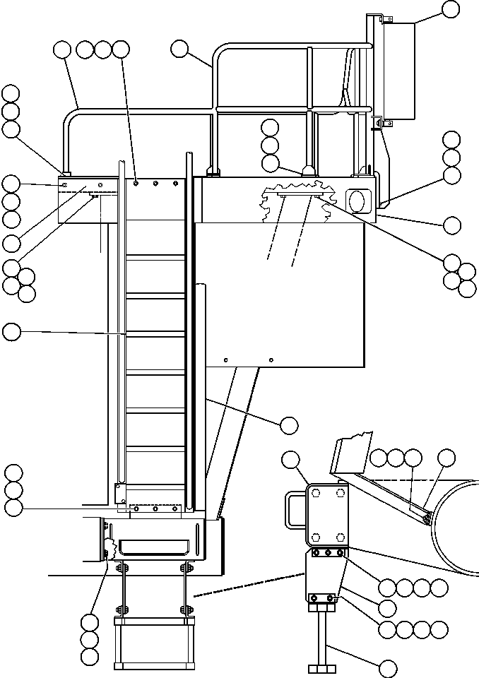 Komatsu parts book diagram for AFE50-G/H 830E S/N A30570-A30573, A30575-A30583 & A30586-A30588 LOS PELAMBRES: LEFT DECK, HANDRAIL & LADDER