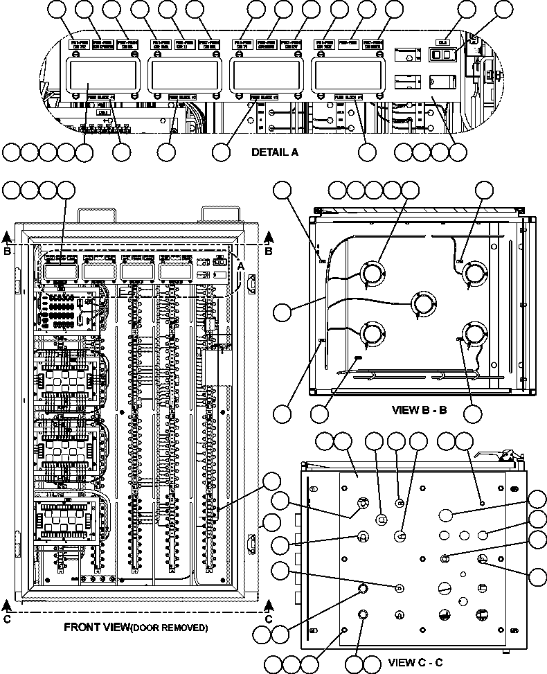 Komatsu parts book diagram for AFE57-AT 830E-1AC S/N A30182, A30186-A30187, A30191-A30193      CARDINAL RIVER / NORTH AMERICAN CONSTRUCTION: AUXILIARY CONTROL CABINET COMPONENTS - FRONT VIEW