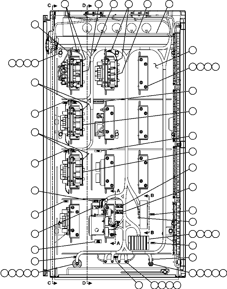 Komatsu parts book diagram for AFE57-AT 830E-1AC S/N A30182, A30186-A30187, A30191-A30193      CARDINAL RIVER / NORTH AMERICAN CONSTRUCTION: AUXILIARY CONTROL CABINET COMPONENTS - LH WALL 1/2