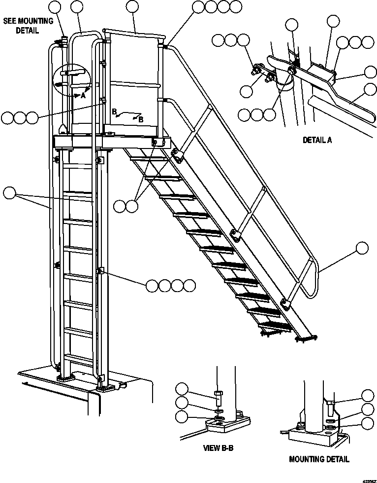 Komatsu parts book diagram for AFE57-CX 830E-1AC S/N A30505 - A30506     HIBBING TACONITE: RH & DIAGONAL LADDER HANDRAILS