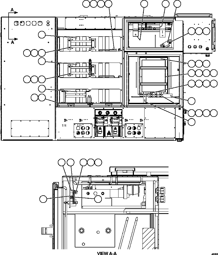 Komatsu parts book diagram for AFE57-FW 830E-1AC S/N A30761  WABUSH: CONTROL CABINET - REAR VIEW   58E-43-00020