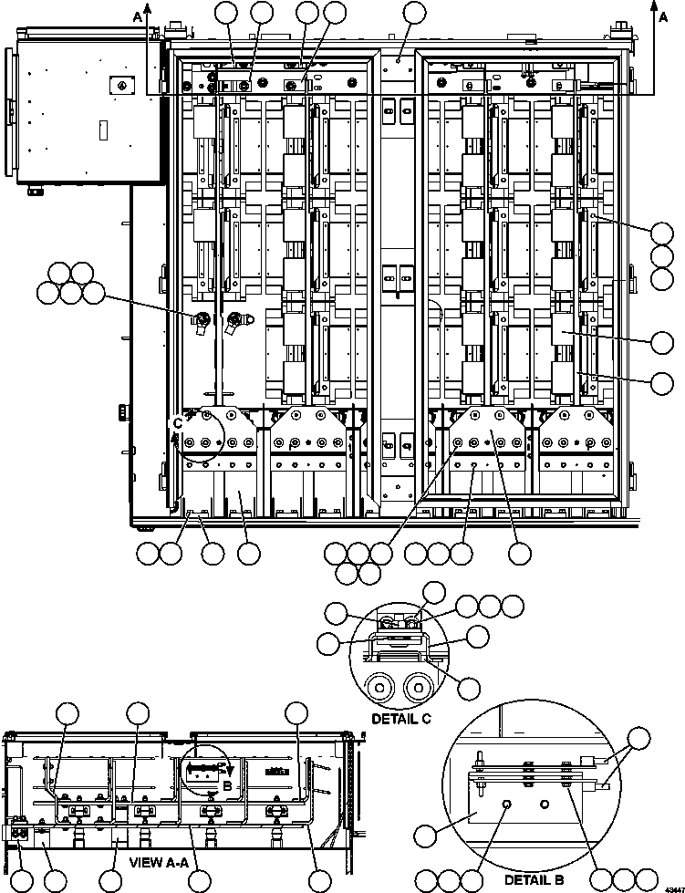 Komatsu parts book diagram for AFE57-GH 830E-1AC S/N A30822 - A30823 & A30831 - A30833 KONKOLA COPPER: CONTROL CABINET - FRONT VIEW    58E-43-00020