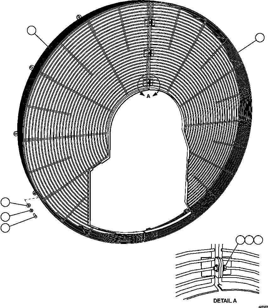 Komatsu parts book diagram for AFE57-GU 830E-1AC S/N A40884 - A40887 & A40895 - A40899  MANTOS BLANCOS: FAN GUARD INSTALLATION