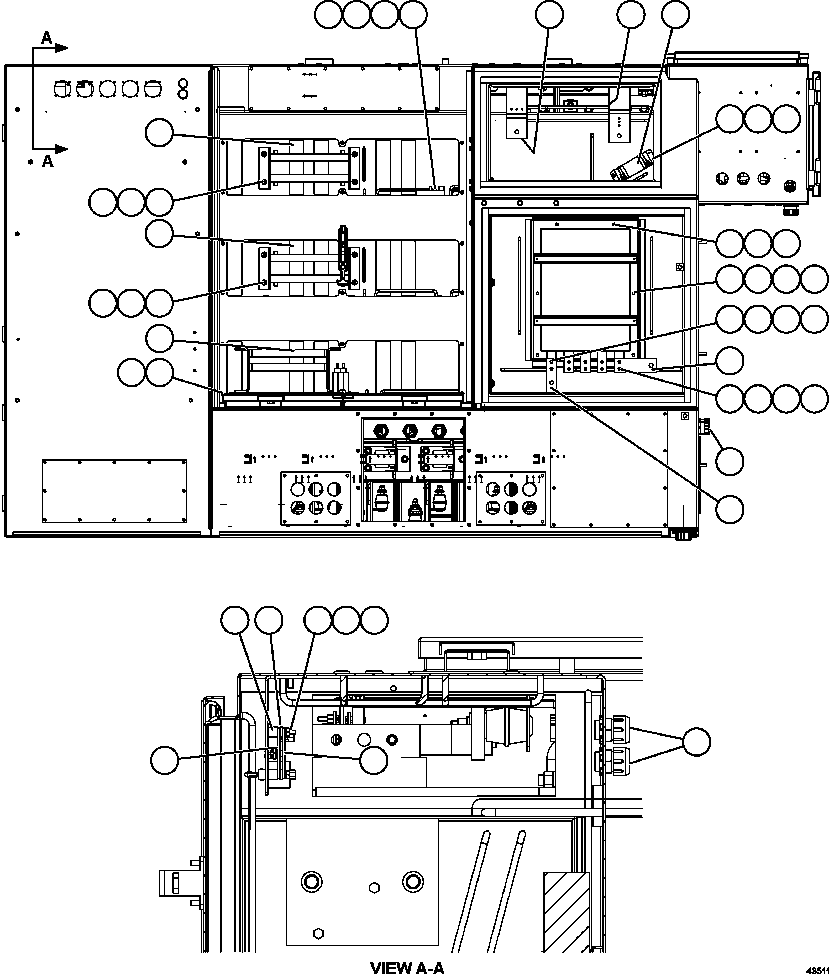 Komatsu parts book diagram for AFE57-GU 830E-1AC S/N A40884 - A40887 & A40895 - A40899  MANTOS BLANCOS: CONTROL CABINET - REAR VIEW   58E-43-00021
