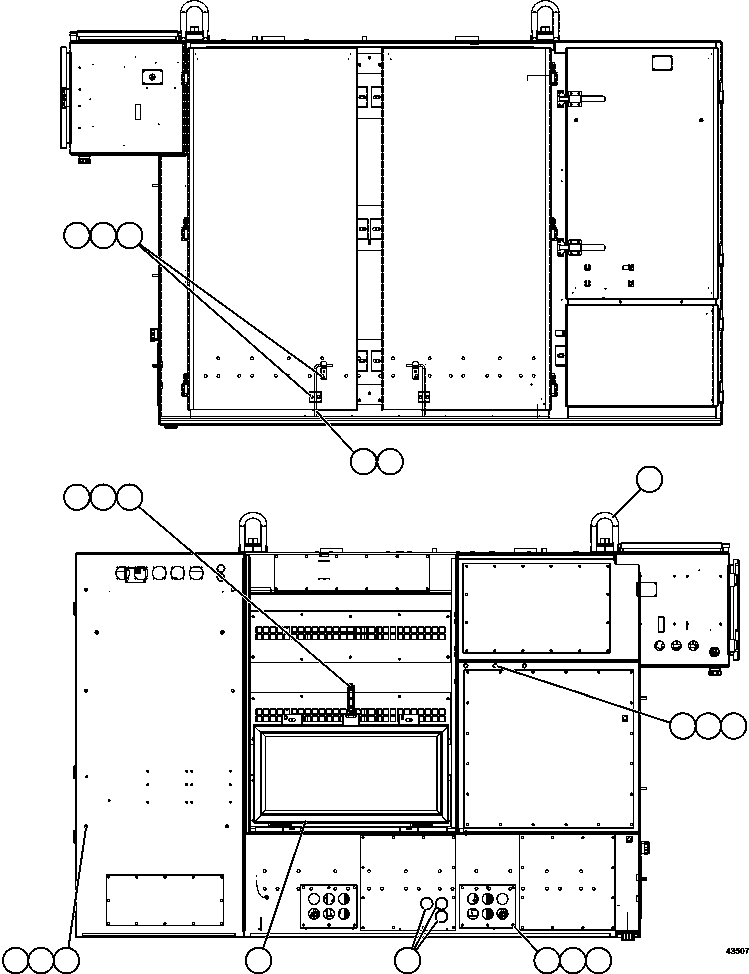Komatsu parts book diagram for AFE57-GU 830E-1AC S/N A40884 - A40887 & A40895 - A40899  MANTOS BLANCOS: CTRL CABINET - FRONT & REAR EXTERIOR  58E-43-00021