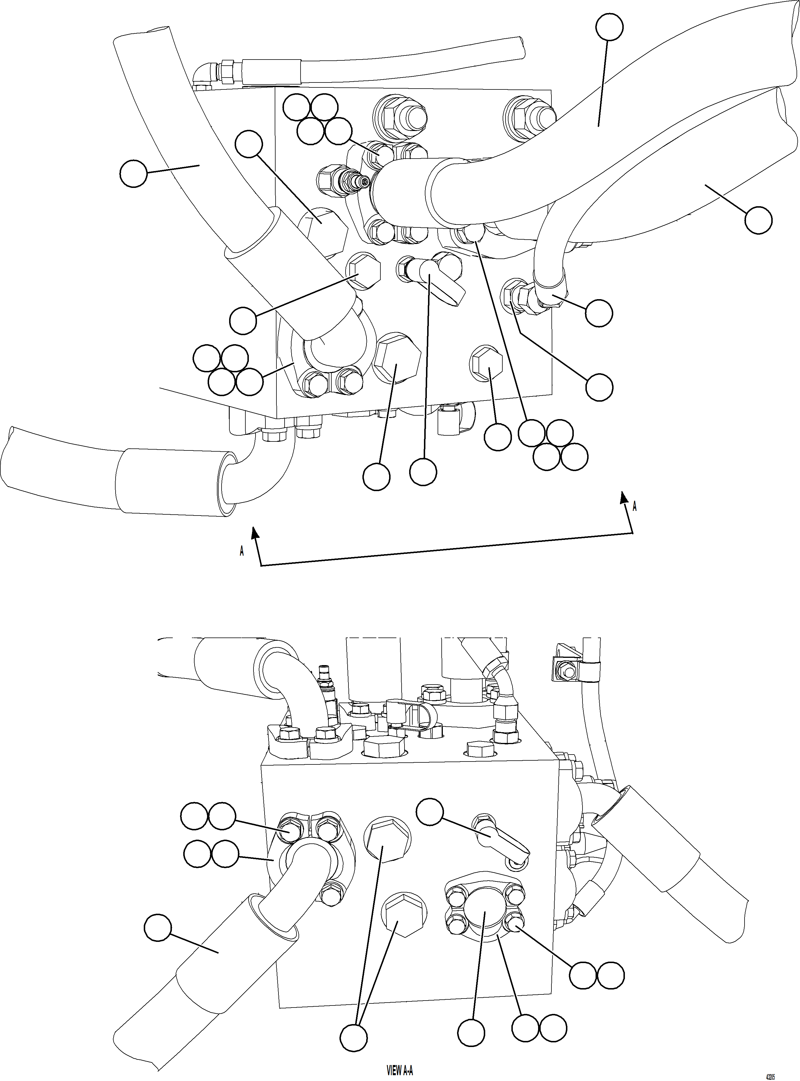 Komatsu parts book diagram for AFE57-HT 830E-1AC S/N A40966, A40987 & A40990 - A40992  SEVERSTAL: BLEEDDOWN MANIFOLD PIPING  3/4