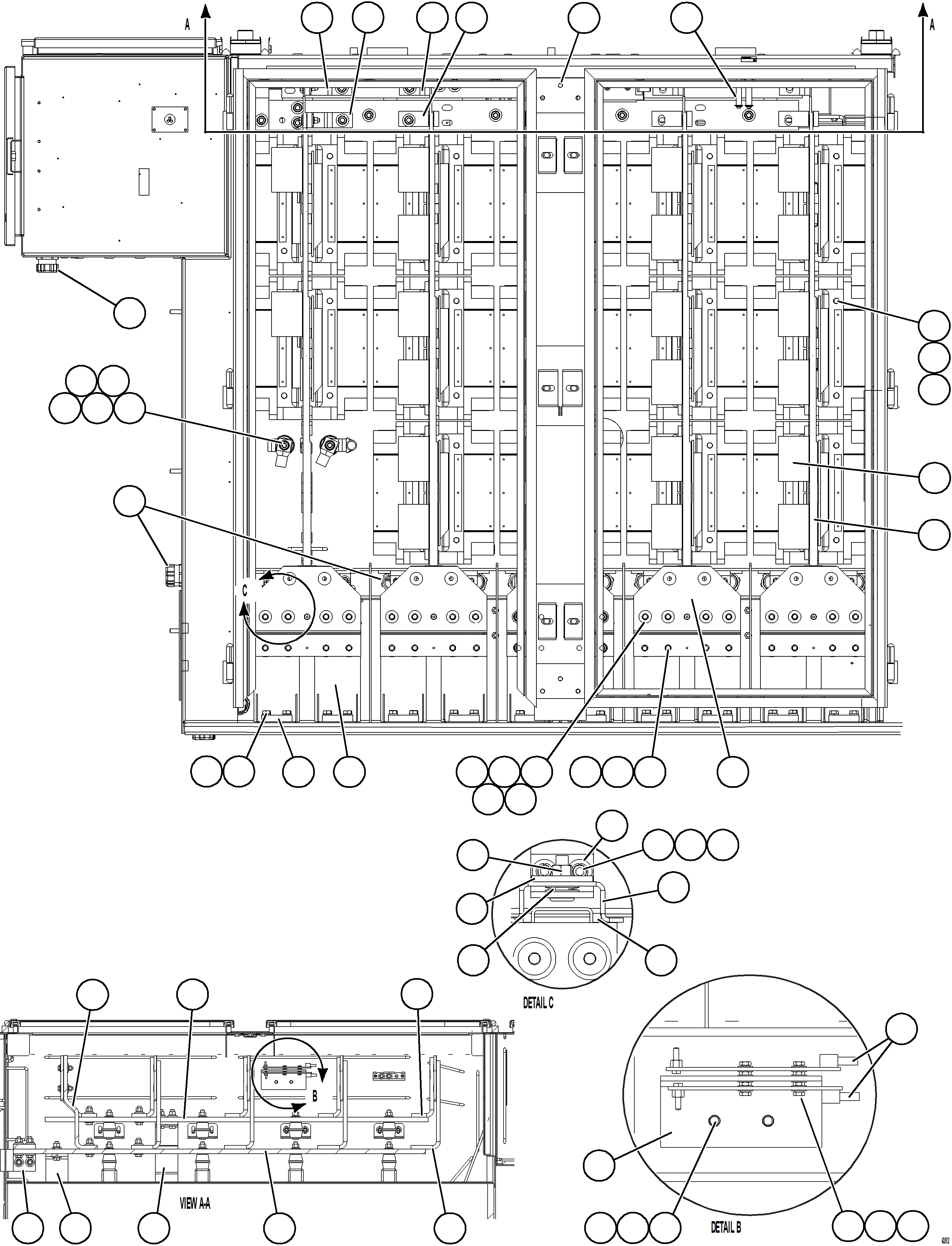 Komatsu parts book diagram for AFE57-JJ 830E-1AC S/N A41035 COLOWYO: CONTROL CABINET - FRONT VIEW    58E-43-00022