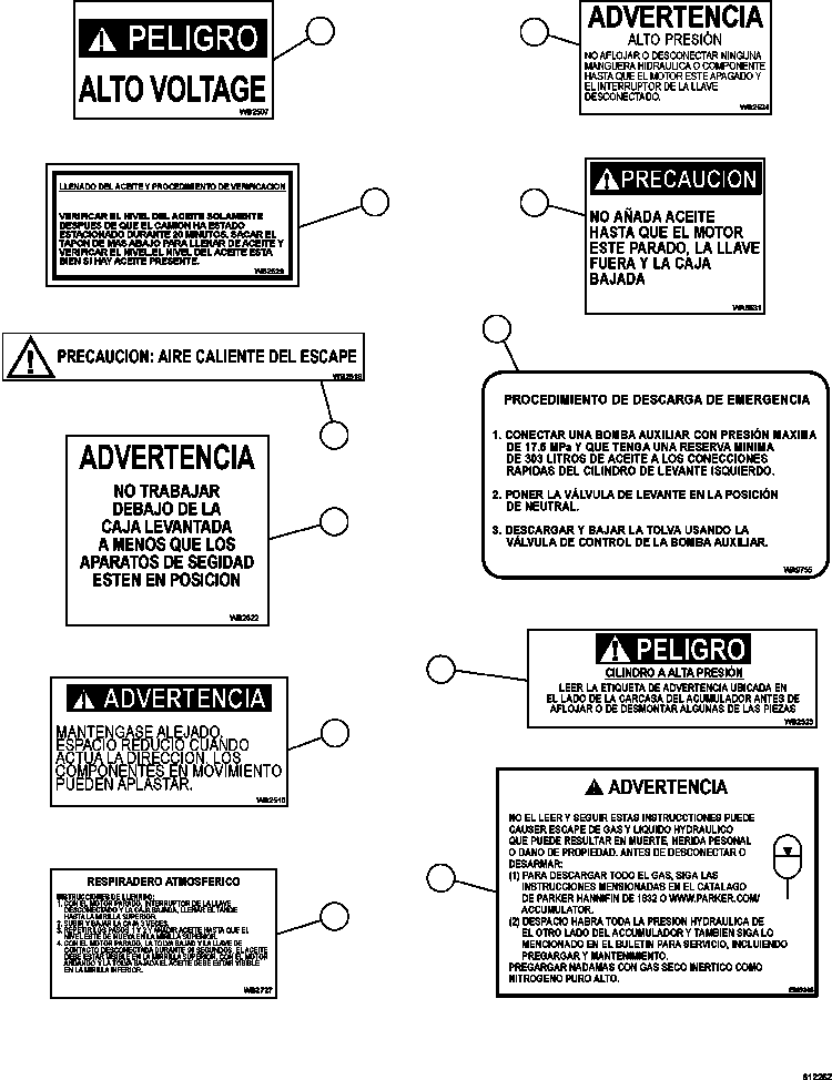 Komatsu parts book diagram for AFE59-EZ 930E-4 S/N A31527, A31539, A31541, A31553, A31555, A31563 & A31565  LOS PELAMBRES: DECALS & WARNINGS (SPANISH)  1/4