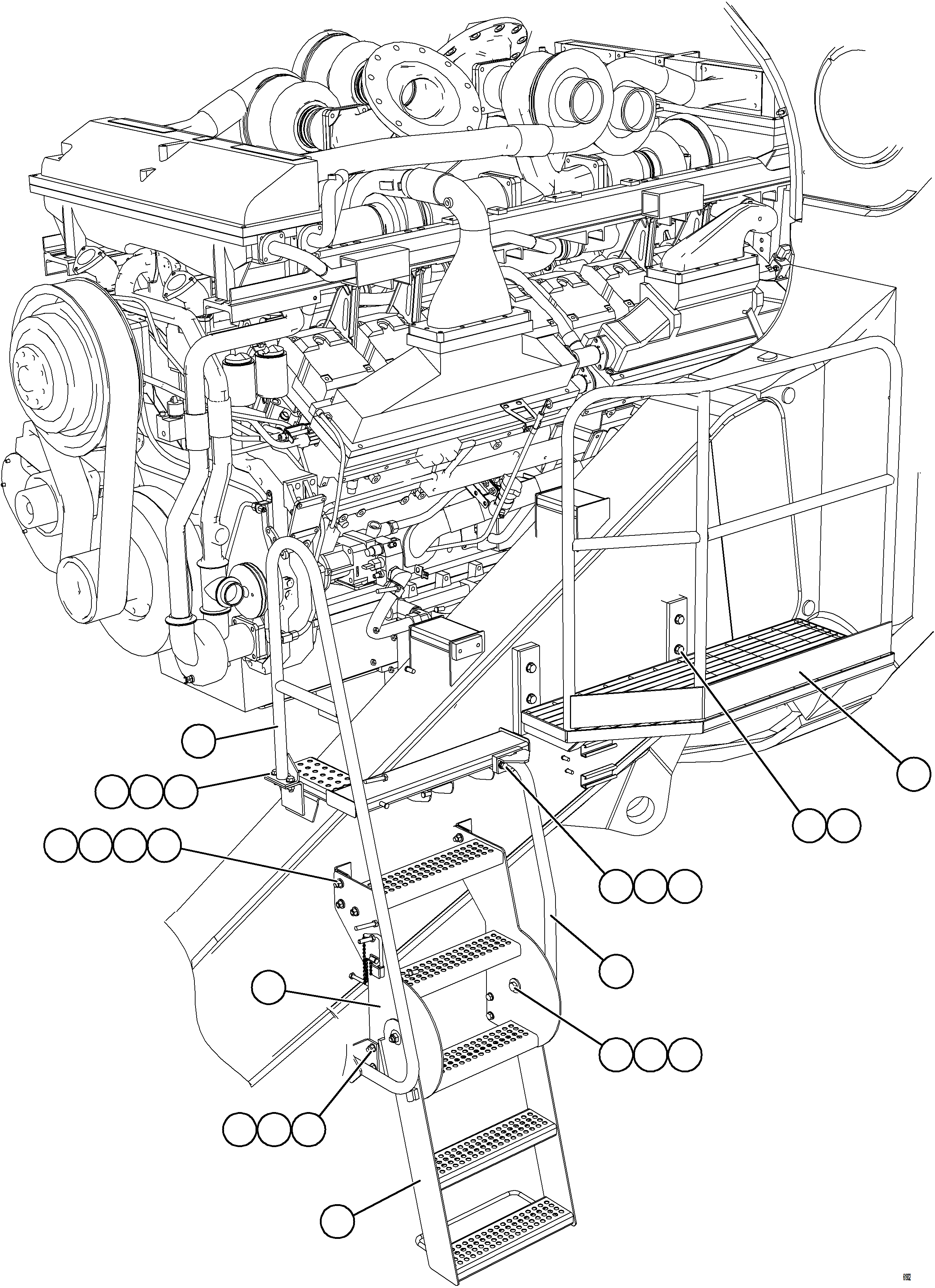 Komatsu parts book diagram for AFE59-HF 930E-4 S/N A32095 & A32101 MOGALAKWENA: ENGINE ACCESS LH LADDERS, HANDRAILS & PLATFORMS
