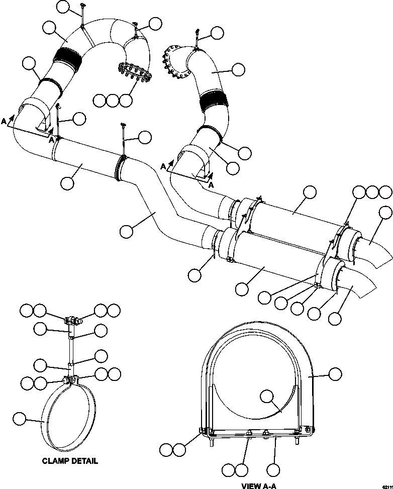 Komatsu parts book diagram for AFE62-AJ 930E-4SE S/N A31289, A31291, A31300, A31302, A31304, A31327, A31329, A31357, A31359, A31369, A31386, A31388, A31390, A31410, A31412 & A31414  LAS BAMBAS: EXHAUST PIPING - DECK MUFFLERS