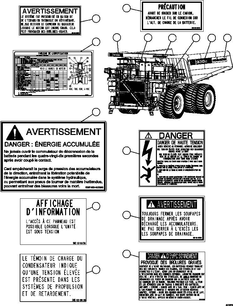 Dump Trucks Komatsu / AFE62-AQ 930E-4SE S/N A31450, A31500, A31576, A31578 & A31605 - A31607  BLOOM LAKE(AFE62-AQ) / DECALS & WARNINGS  (FRENCH) 2/4(012 : 62359)