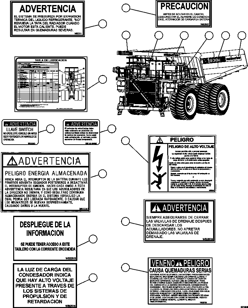 Dump Trucks Komatsu / AFE62-AV 930E-4SE S/N A31717, A31719, A31721 - A31722, A31739, A31741 & A31743  COLLAHUASI(AFE62-AV) / DECALS & WARNINGS (SPANISH)  2/4(004 : 62386)
