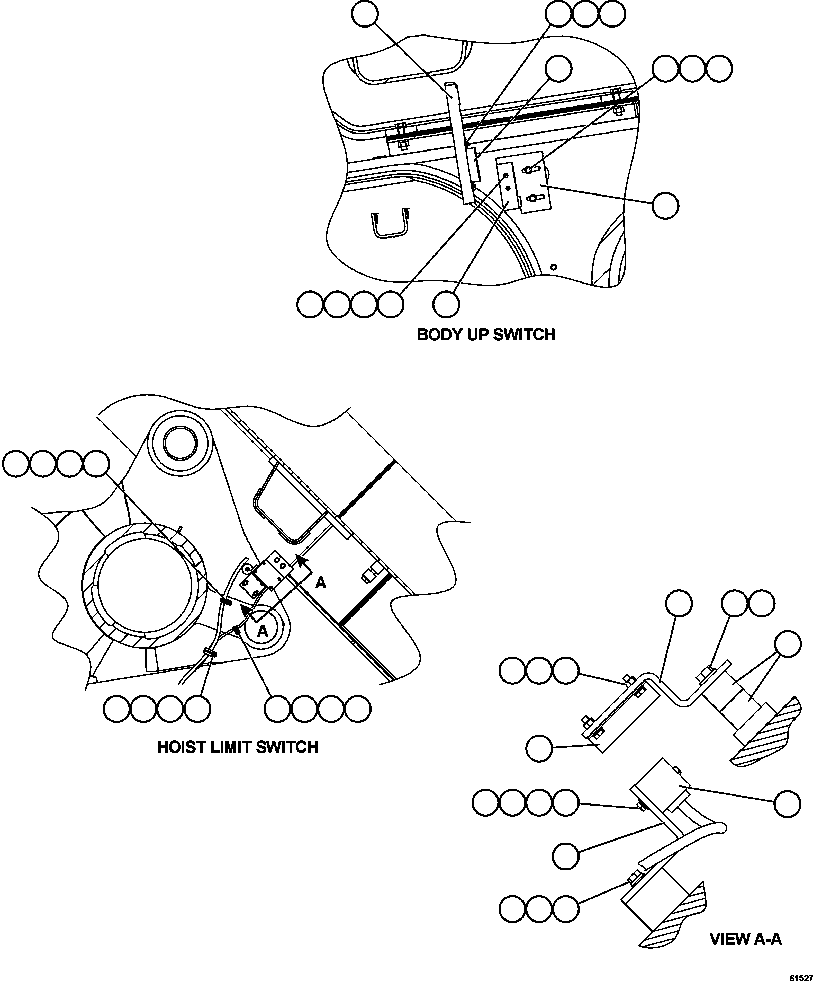 Komatsu parts book diagram for AFE62-BB 930E-4SE S/N A31791 - A31792 & A31813 - A31814  LAS BAMBAS: BODY UP & HOIST LIMIT SWITCH INSTALLATION