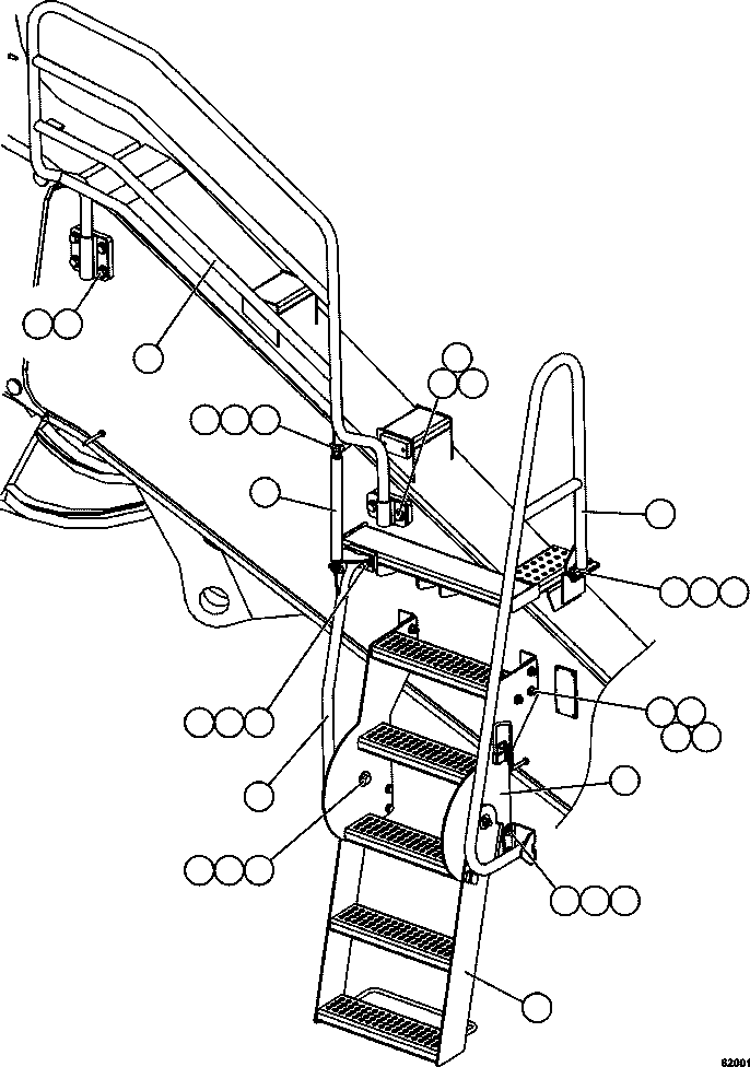 Komatsu parts book diagram for AFE62-W 930E-4SE S/N A31053, 1055, 1069, 1071, 1100-1101, 1109, 1117, 1130-32, 1141, 1143, 1145, 1163, 1165, 1167, 1185-1187, 1205-1207, 1222-1223, 1225, 1240 & 1242 OYU TOLGOI: ENGINE ACCESS LADDERS & HANDRAILS