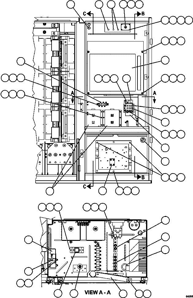Komatsu parts book diagram for AFE62-W 930E-4SE S/N A31053, 1055, 1069, 1071, 1100-1101, 1109, 1117, 1130-32, 1141, 1143, 1145, 1163, 1165, 1167, 1185-1187, 1205-1207, 1222-1223, 1225, 1240 & 1242 OYU TOLGOI: CTRL CABINET - LEFT COMPARTMENT  1/2  58F-43-00020