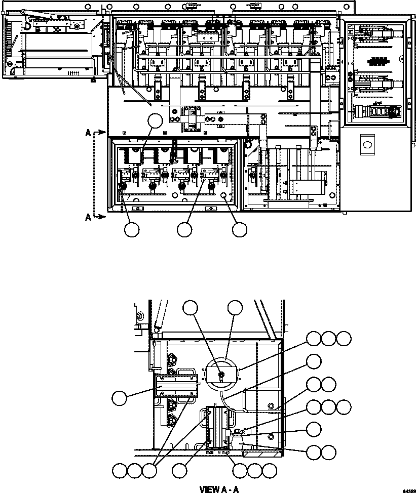 Komatsu parts book diagram for AFE62-W 930E-4SE S/N A31053, 1055, 1069, 1071, 1100-1101, 1109, 1117, 1130-32, 1141, 1143, 1145, 1163, 1165, 1167, 1185-1187, 1205-1207, 1222-1223, 1225, 1240 & 1242 OYU TOLGOI: CONTROL CABINET - TOP VIEW   2/2  58F-43-00020