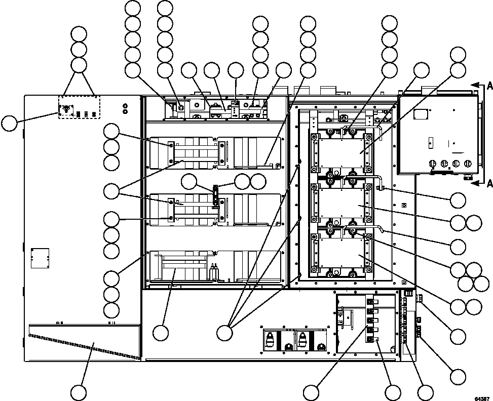Komatsu parts book diagram for AFE62-W 930E-4SE S/N A31053, 1055, 1069, 1071, 1100-1101, 1109, 1117, 1130-32, 1141, 1143, 1145, 1163, 1165, 1167, 1185-1187, 1205-1207, 1222-1223, 1225, 1240 & 1242 OYU TOLGOI: CONTROL CABINET - REAR VIEW    58F-43-00020