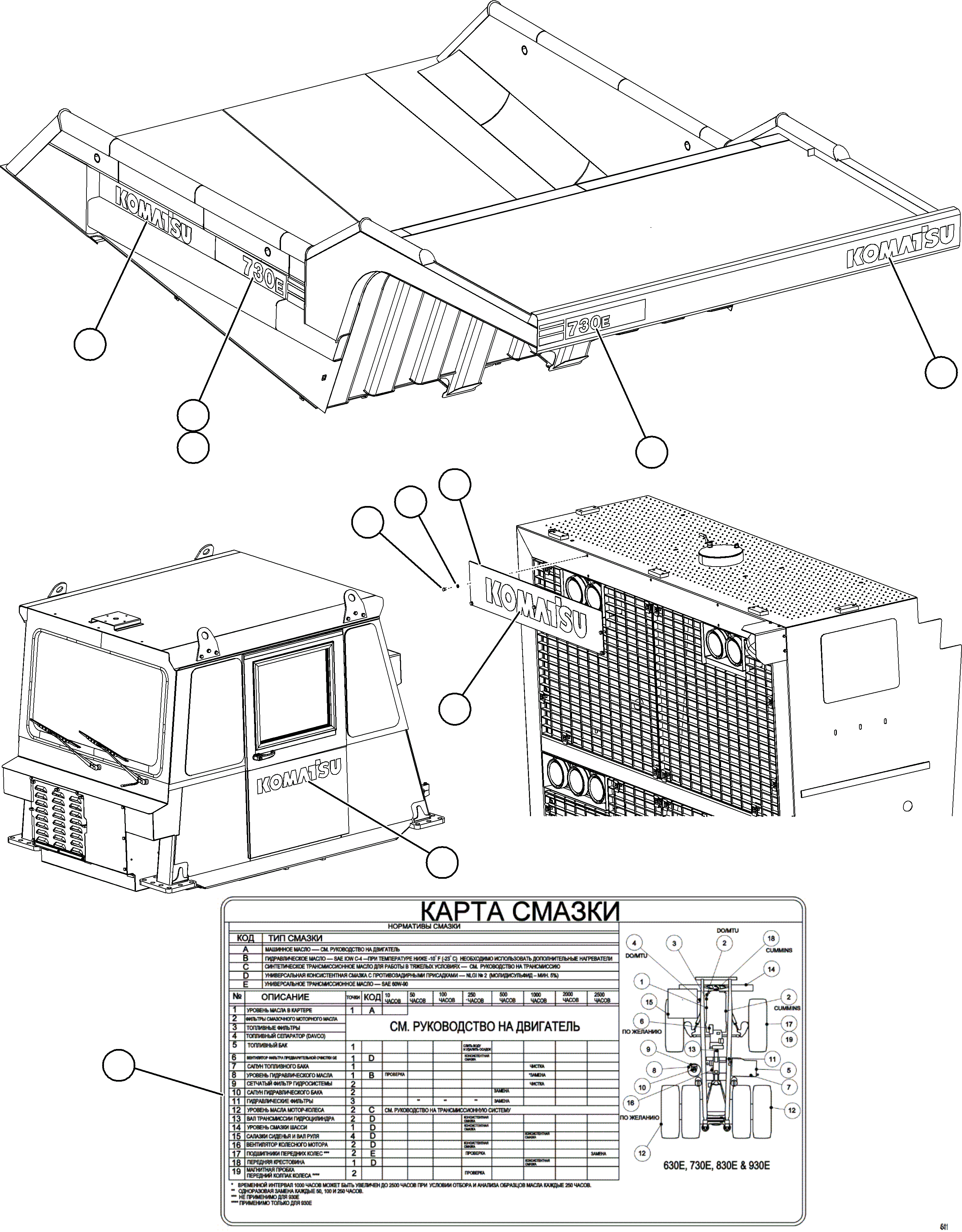 Komatsu parts book diagram for AFE69-F 730E-8 S/N A40018 - A40034 NATALKA: DECALS & WARNINGS (RUSSIAN)     6/7