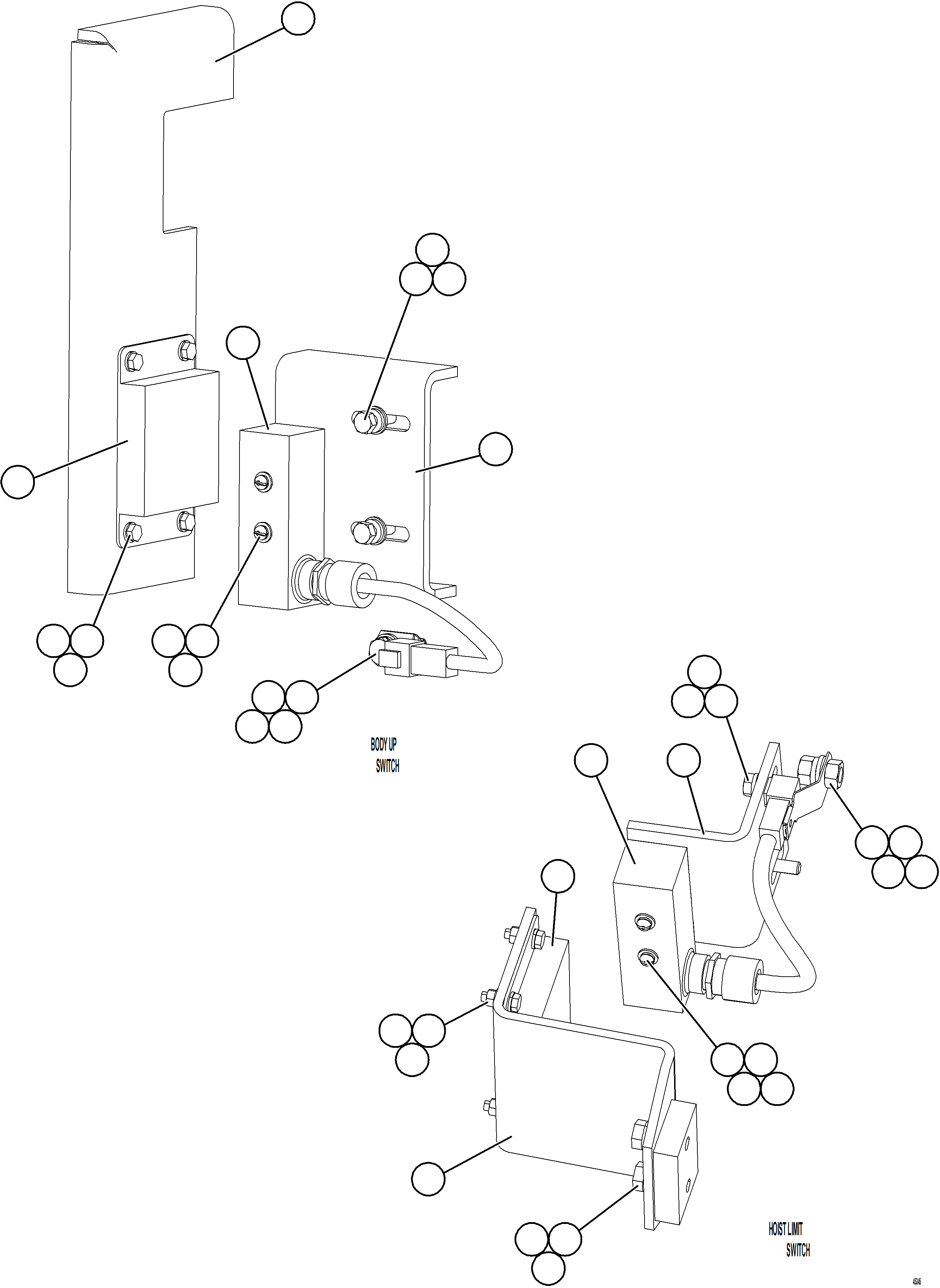 Komatsu parts book diagram for AFE69-F 730E-8 S/N A40018 - A40034 NATALKA: HOIST LIMIT / BODY UP SWITCHES