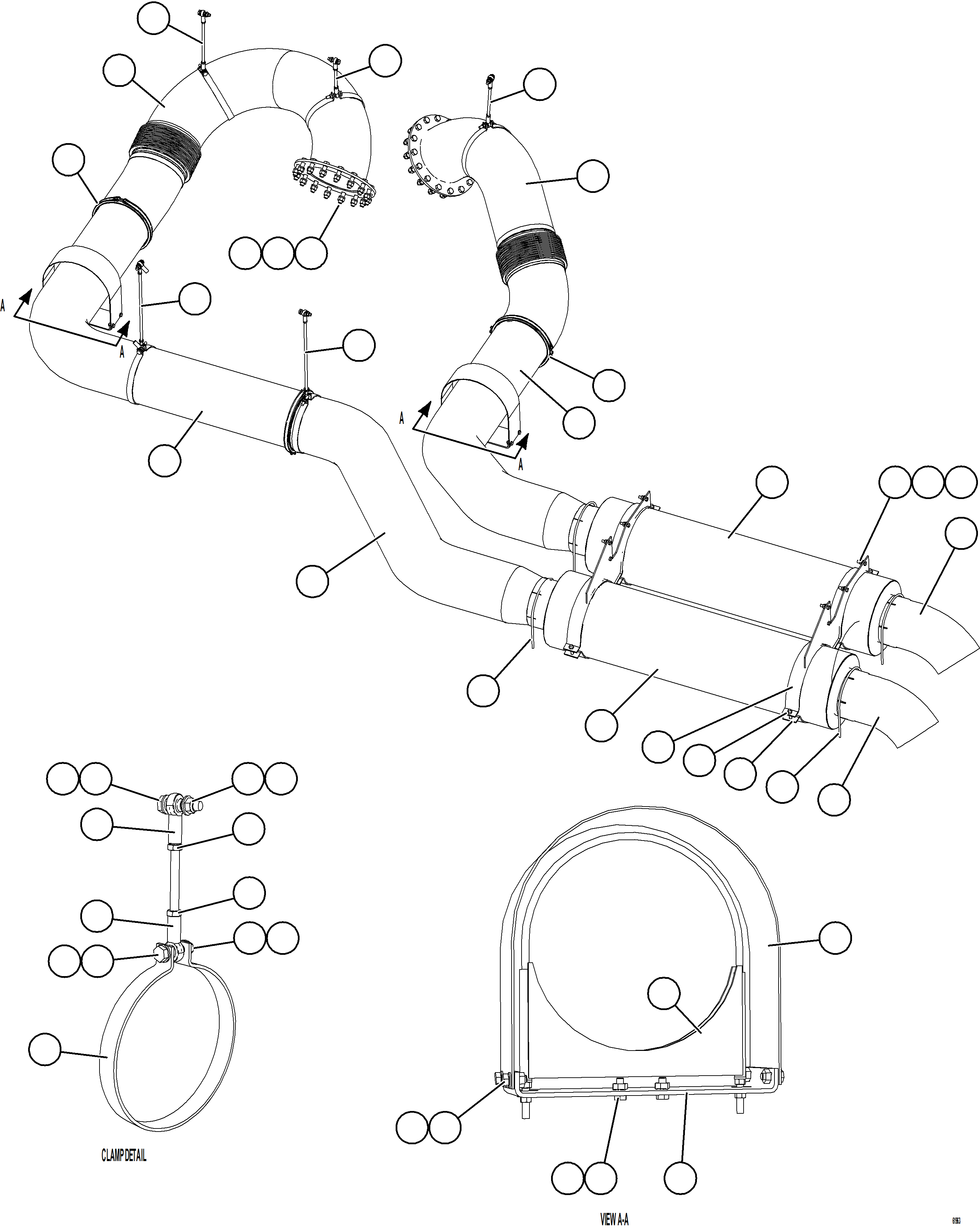 Komatsu parts book diagram for AFE73-F 980E-4 S/N A40071 COLLAHUASI: EXHAUST PIPING - DECK MUFFLERS