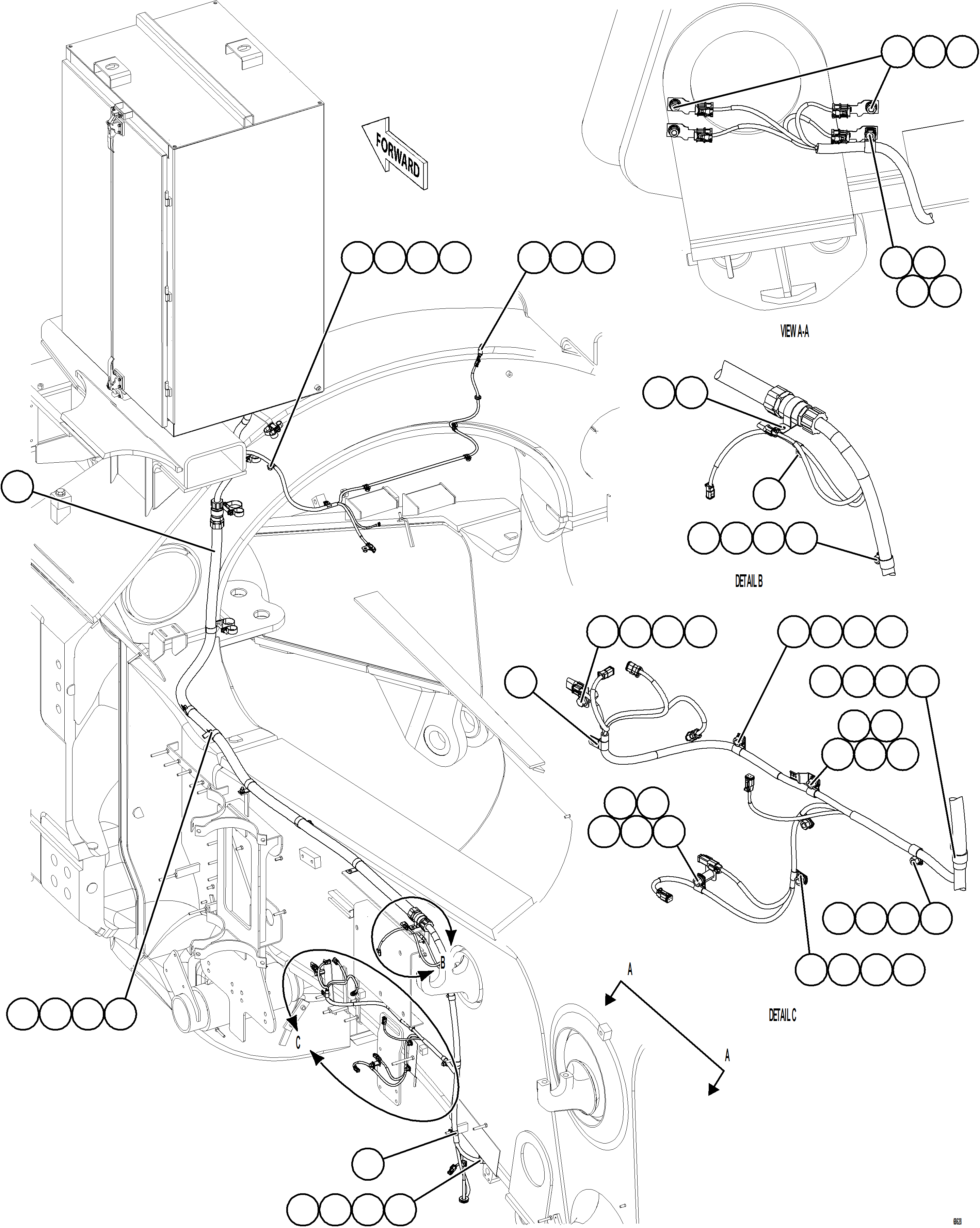 Komatsu parts book diagram for AFE75-B 980E-5 S/N A50006 - A50007 TECK: LEFT REAR FRAME RAIL HARNESS