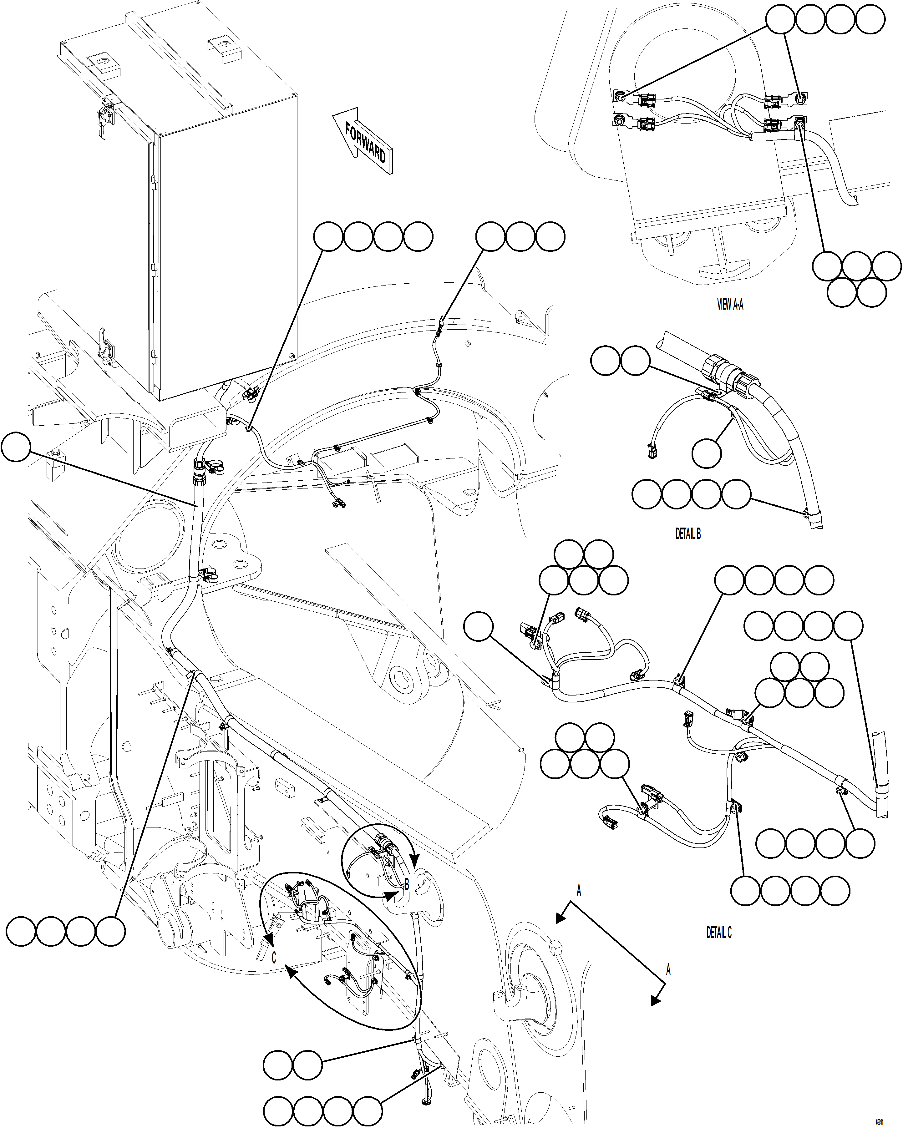 Komatsu parts book diagram for AFE75-R 980E-5 S/N A50054 - A50057  SPENCE: LEFT REAR FRAME RAIL HARNESS