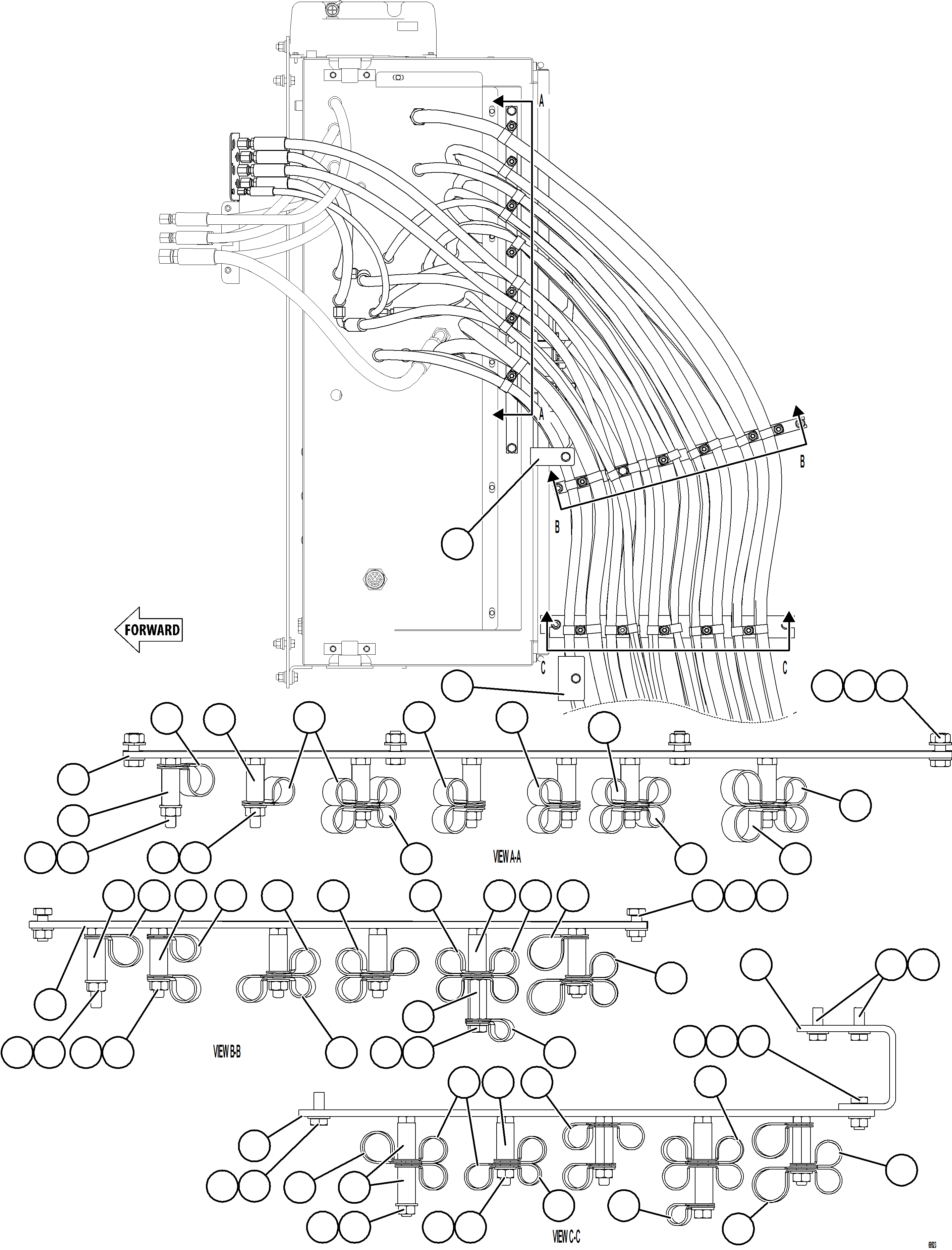 Komatsu parts book diagram for AFE75-R 980E-5 S/N A50054 - A50057  SPENCE: HYDRAULIC BRAKE CABINET HOSE CLAMPING    1/3