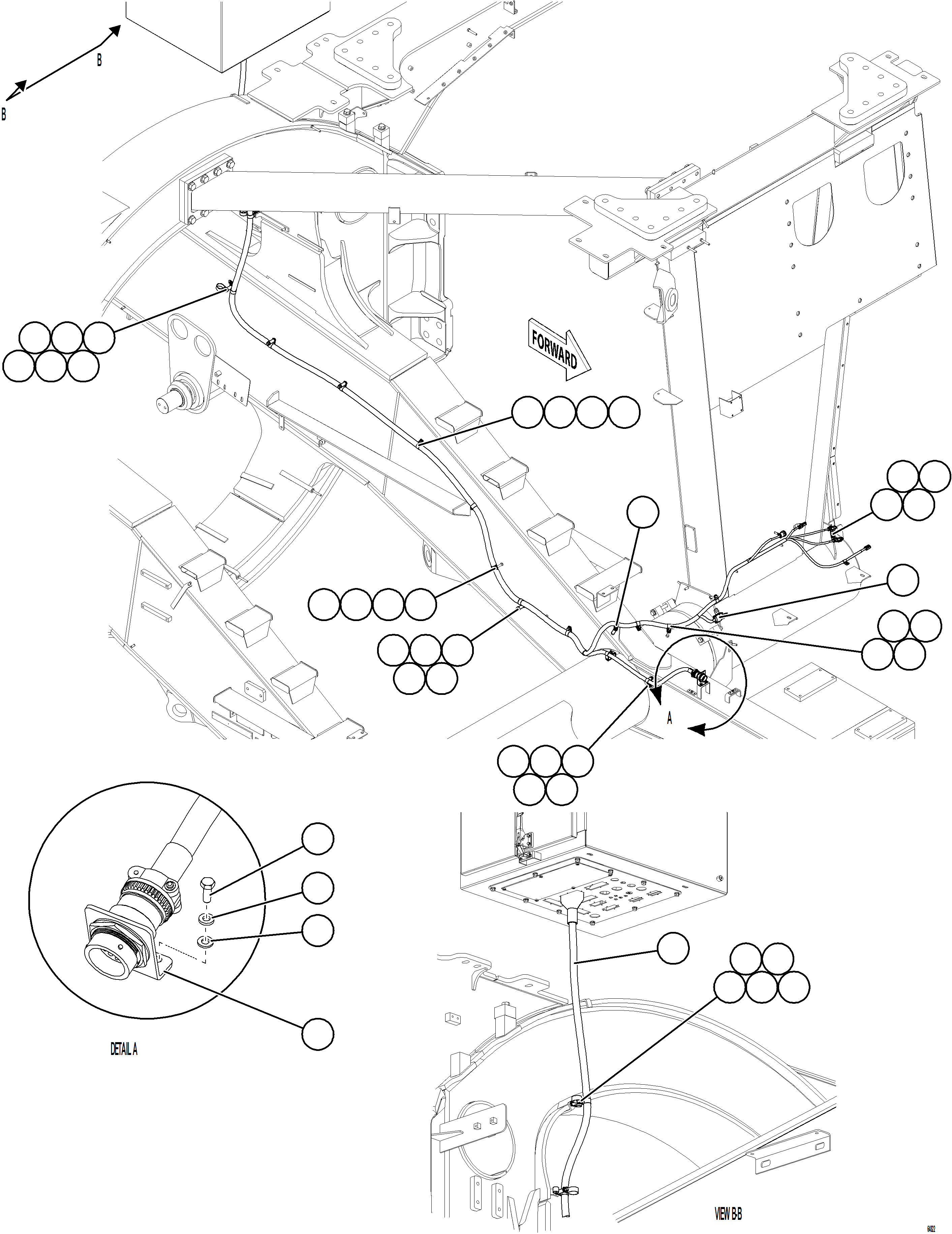 Komatsu parts book diagram for AFE77-AB 830E-5 S/N A50077 - A50078  DOWNER EDI: LEFT FRONT FRAME RAIL HARNESS
