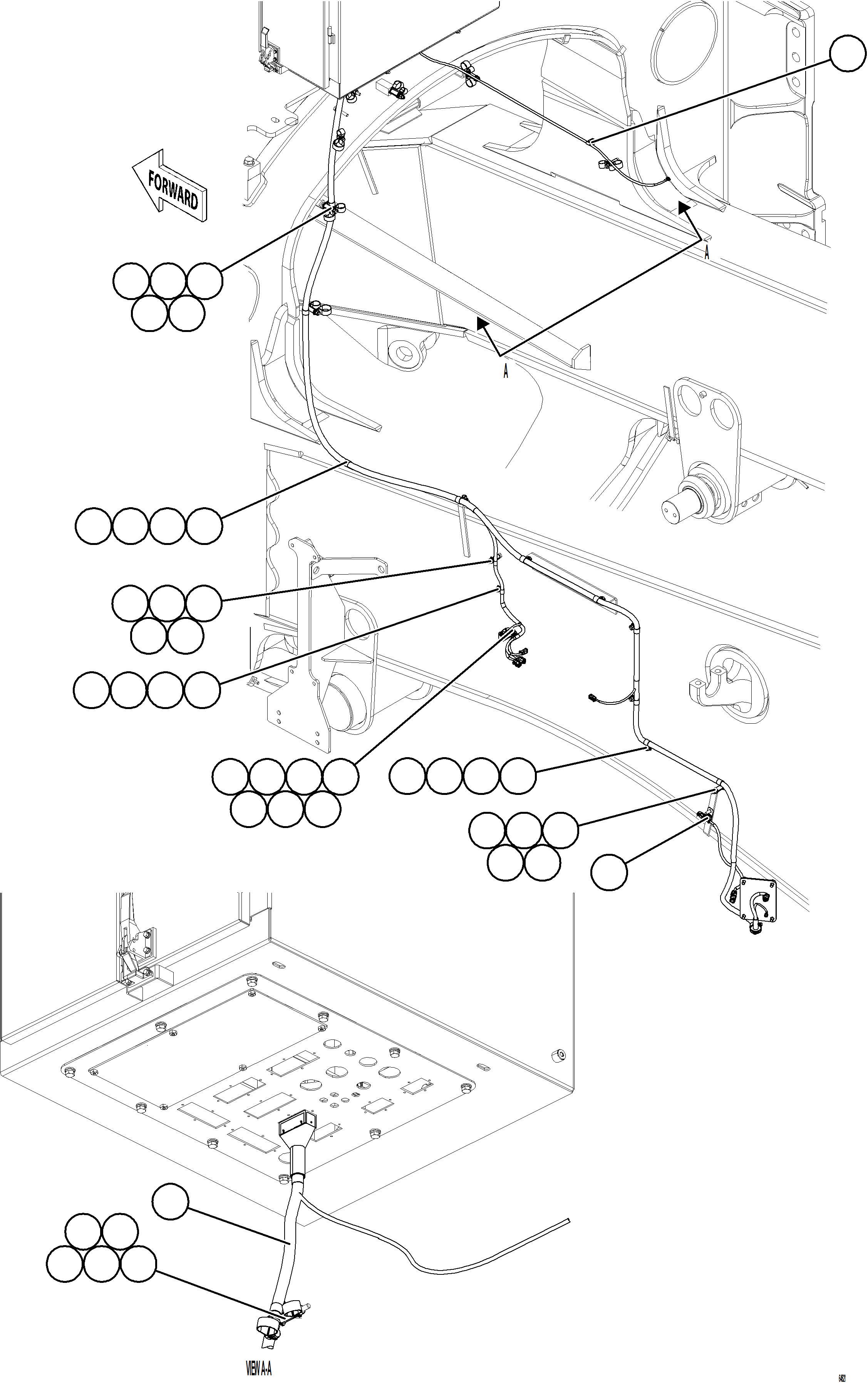 Komatsu parts book diagram for AFE77-AB 830E-5 S/N A50077 - A50078  DOWNER EDI: LEFT REAR FRAME RAIL HARNESS