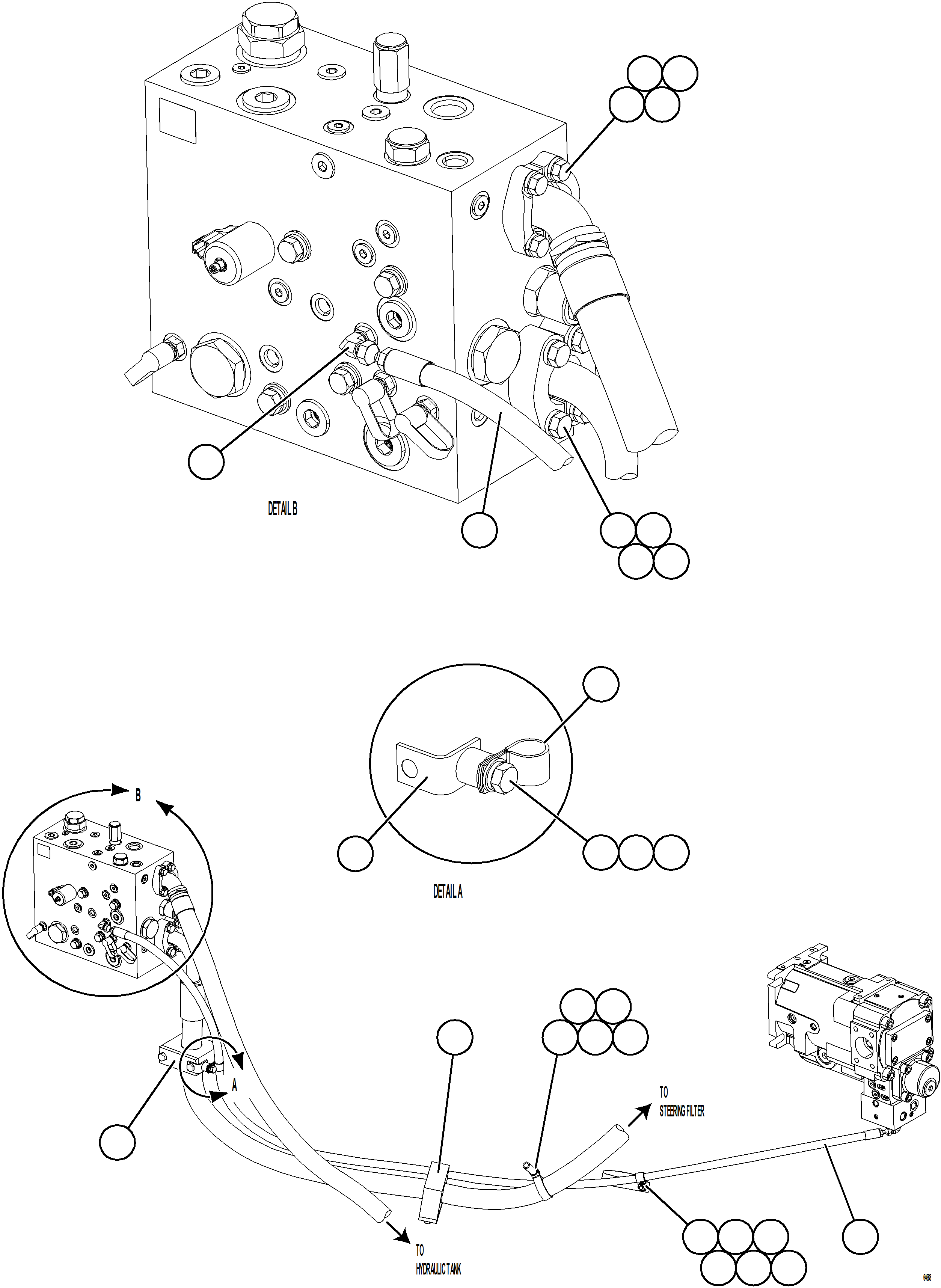 Komatsu parts book diagram for AFE77-AB 830E-5 S/N A50077 - A50078  DOWNER EDI: STEERING BLEEDDOWN MANIFOLD PIPING    1/3