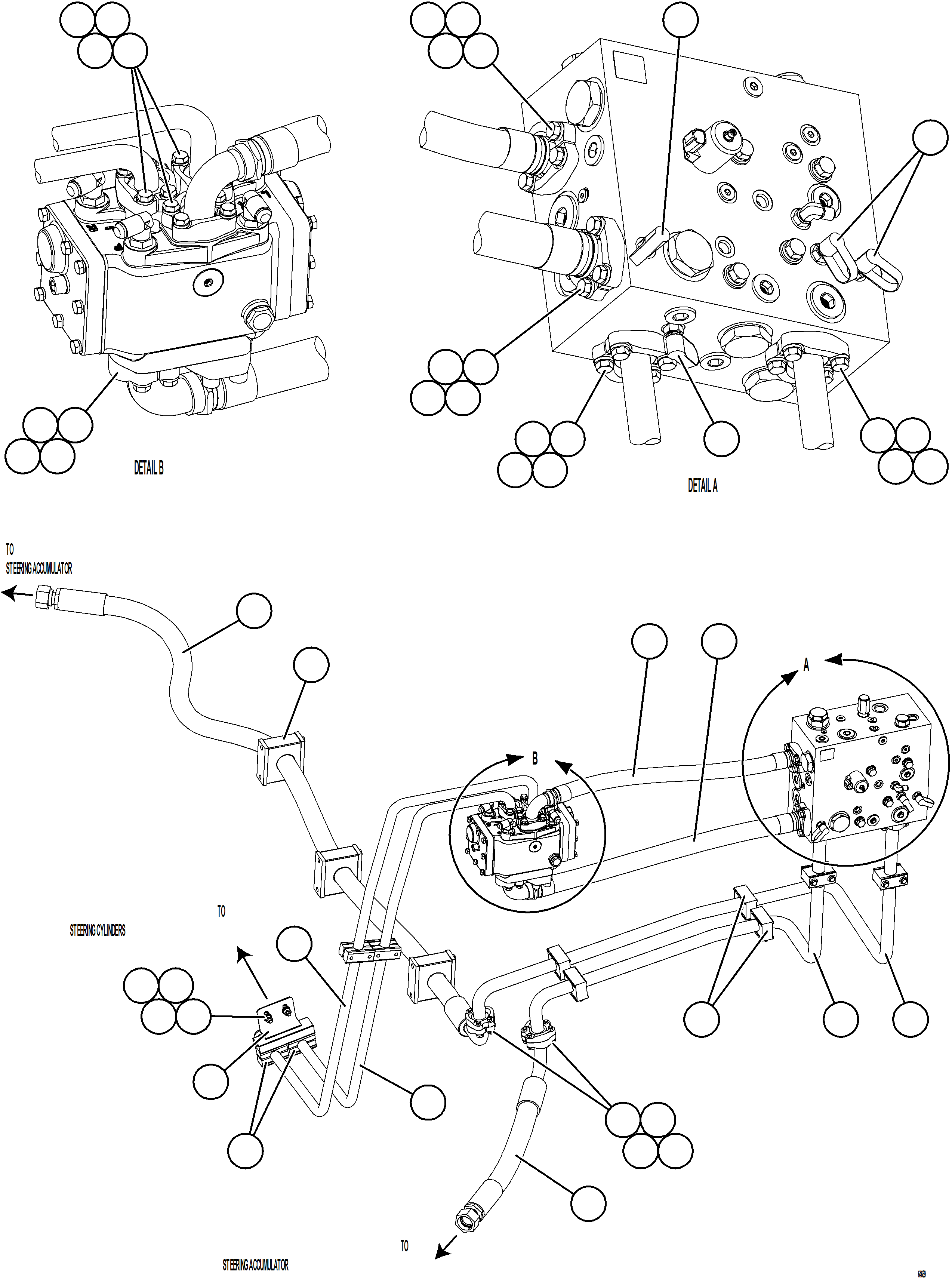 Komatsu parts book diagram for AFE77-AB 830E-5 S/N A50077 - A50078  DOWNER EDI: STEERING BLEEDDOWN MANIFOLD PIPING    2/3