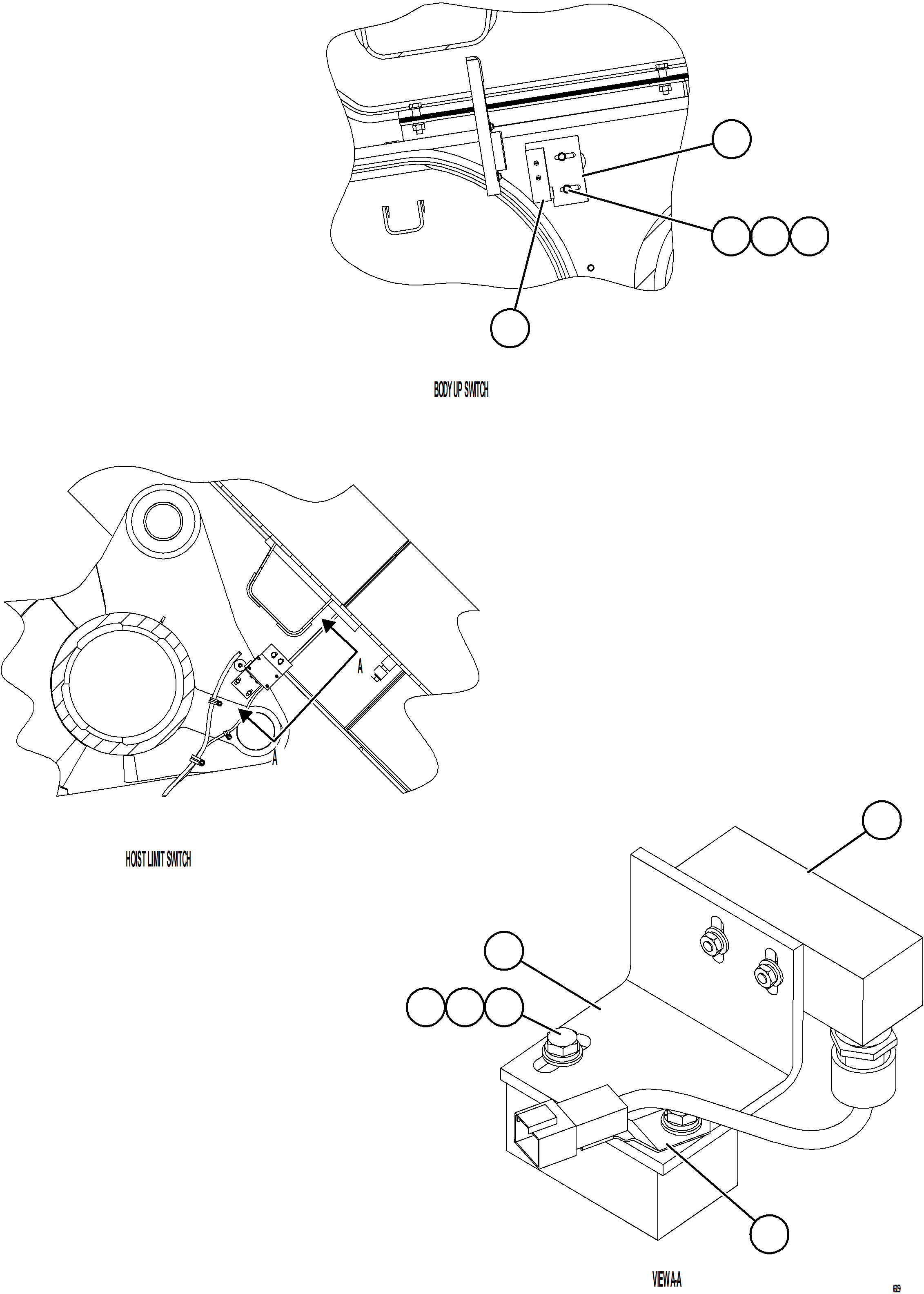 Komatsu parts book diagram for AFE77-AD 830E-5 S/N A50080, A50086  ROBINSON: BODY UP & HOIST LIMIT SWITCH INSTALLATION    1/2