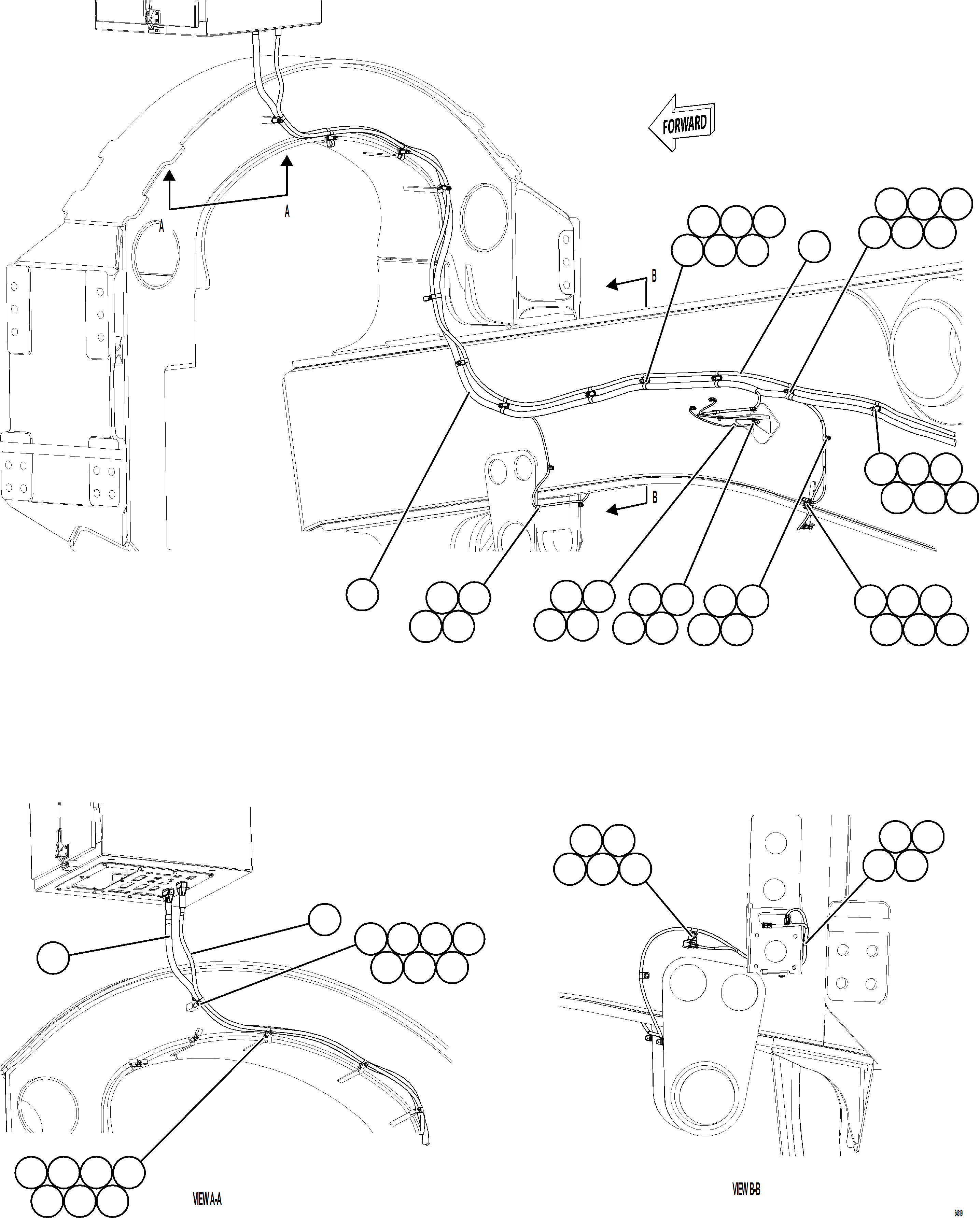 Komatsu parts book diagram for AFE77-AD 830E-5 S/N A50080, A50086  ROBINSON: RIGHT REAR FRAME RAIL HARNESS    1/2